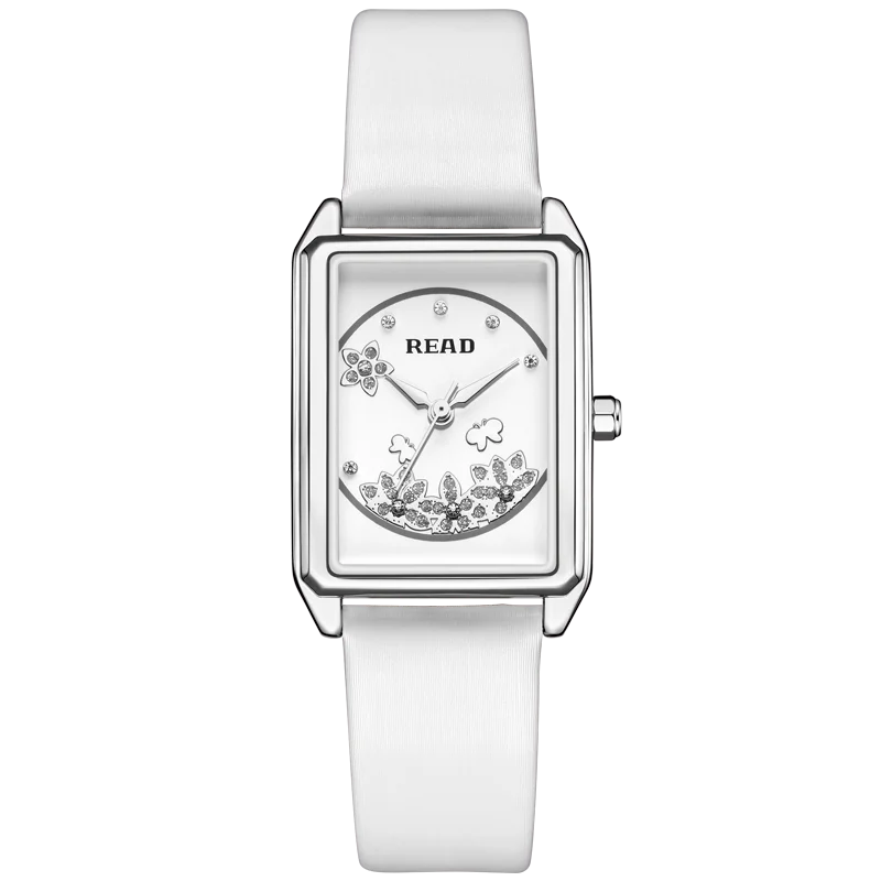 READ Ladies Rectangular Analog Watch | Flower Inlaid Dial | White Textured Band | Daily Water Resistant Fashion Dress‑up Watch