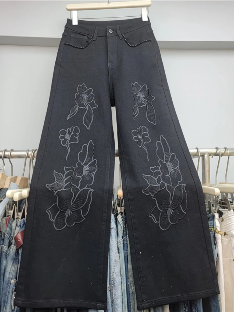 GALCAUR الصلبة تقسم التطريز السراويل الإناث عالية الخصر فضفاض المرقعة الخرز الشارع الشهير سراويل نسائية الخريف الاسلوب المناسب #2