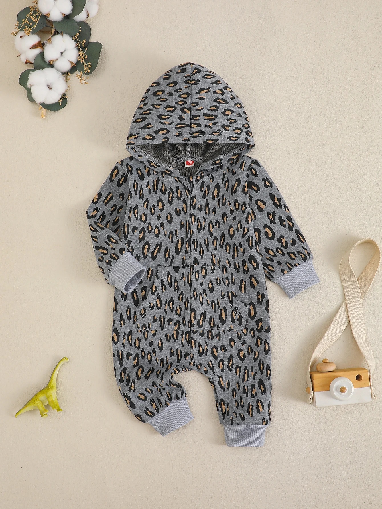 Baby Frühling Herbst Grau Leopardenmuster Hut Langarm Strampler Anzug für Kleinkinder Kleinkind Kleidung All-in-One-Anzug mit Hut – Detail 1