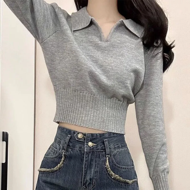 Korean V Neck Long Sleeve Knitted Shirt Women Spring Autumn New Grey Slim Crop Sweater Pullover Vintage Elegant Chic Female Tops