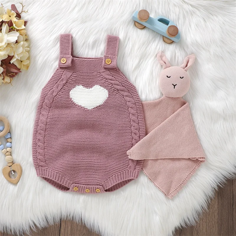 New Born Infant Baby Girls Clothes Sleeveless Suspender Romper Love Knitted Sweater Bodysuit Spring Pink Clothes