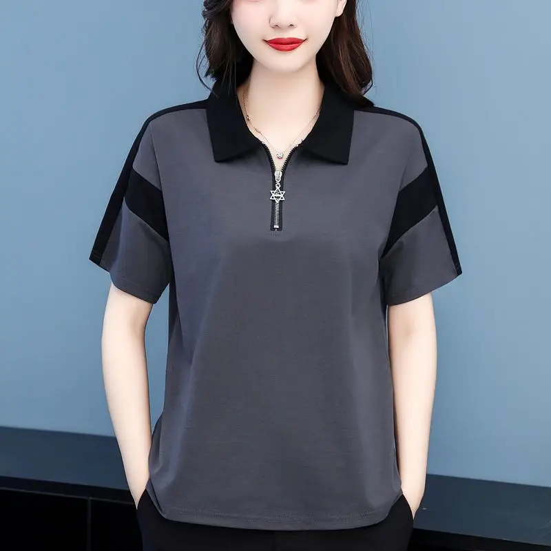 

2024 New Summer Minimalist Casual Versatile Pure Cotton Short Sleeved Polo Collar Solid Color Patchwork Women's T-shirt Top