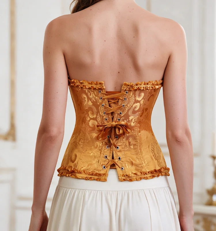 Damen-Overbust-Korsett, Vintage-Jacquard, Rüschen, Schleife vorne, Busk hinten, Schnürung, Taillenformer, Freizeit-, Party- und Alltagskleidung – Detail 20