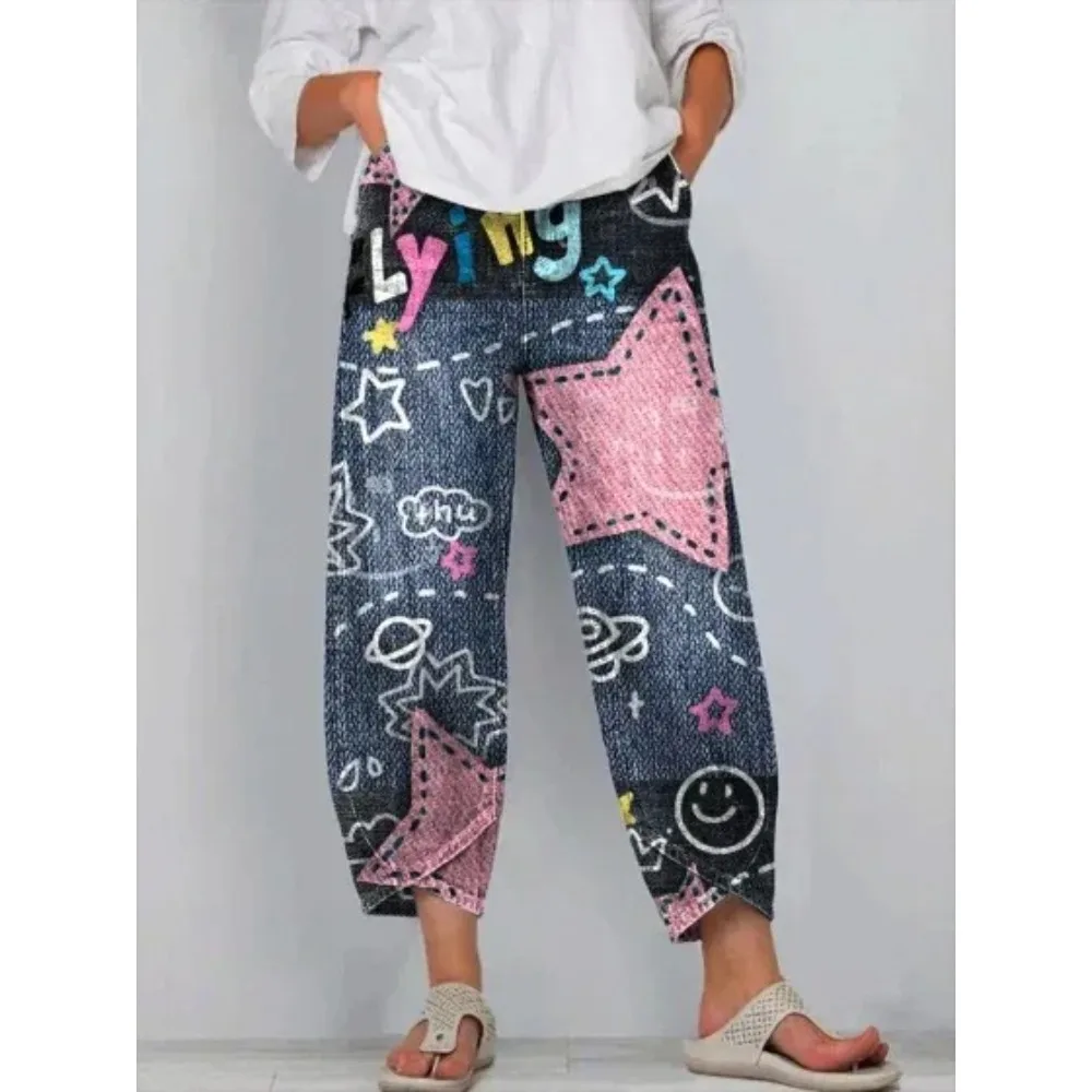 Damen Baumwoll-Caprihose, locker geschnitten, lässig, Boho-Stil, weites Bein, knöchellang, Vintage, elastischer Bund, Sommer, Strandurlaub, Alltagskleidung – Detail 2