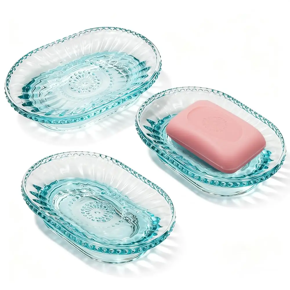 

3 Pack Glass Soap Dish, Decorative Embossed Bar Soap Saver Tray Holder for Shower Room, Bathtub, Bathroom Counter, Kitchen S
