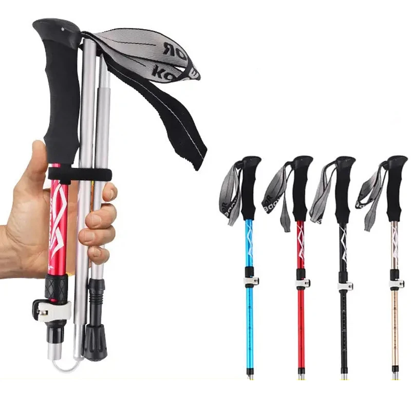 5-Section Outdoor Fold Trekking Pole Camping Portable Aluminum Hiking Walking Stick Canes Telescopic Club Easy Put Into Bag