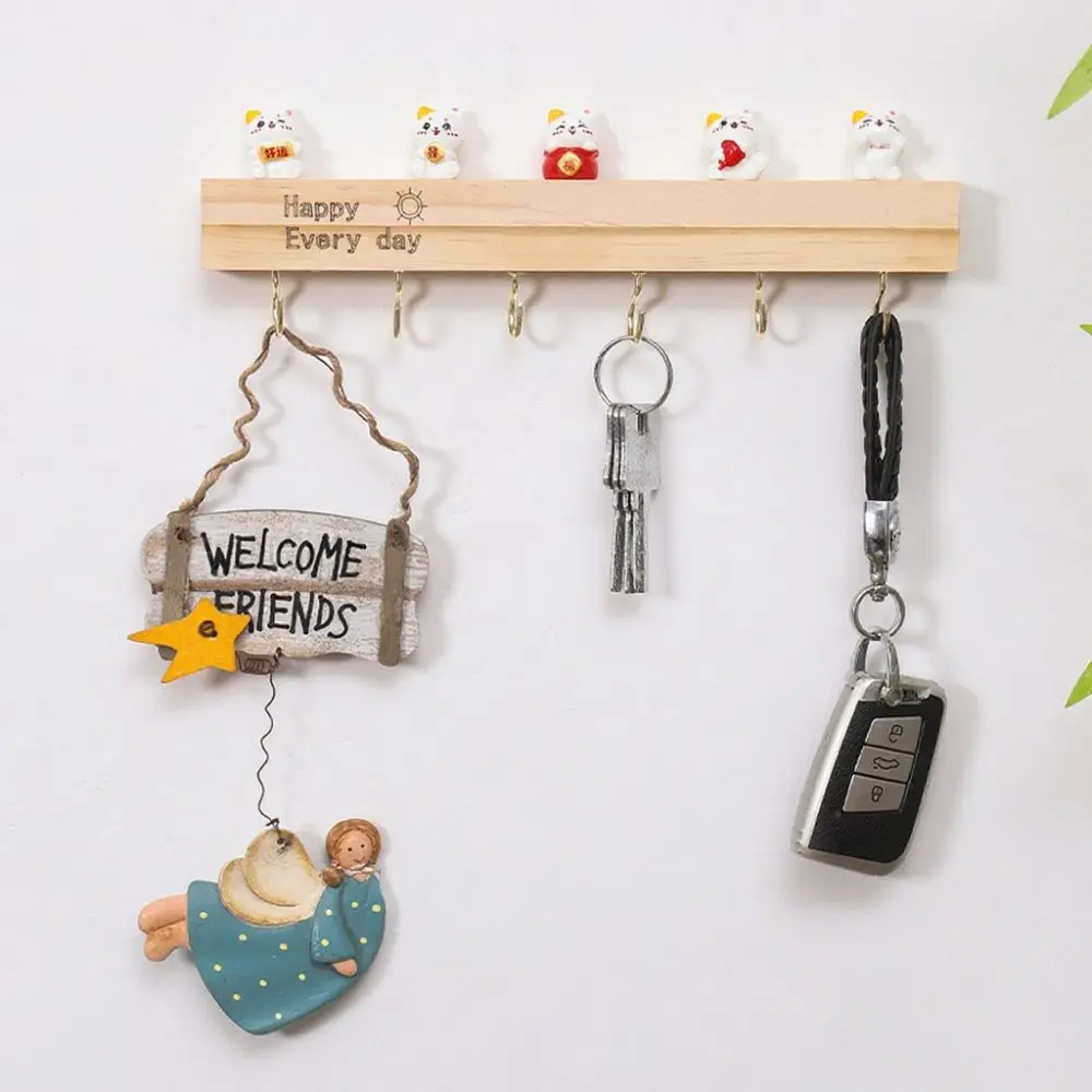 

Solid Wood Key Storage Rack 6 Hooks Punch-Free Hat Storage Hook Three-Dimensional Design Vintage Style Coat Hanger Entryway