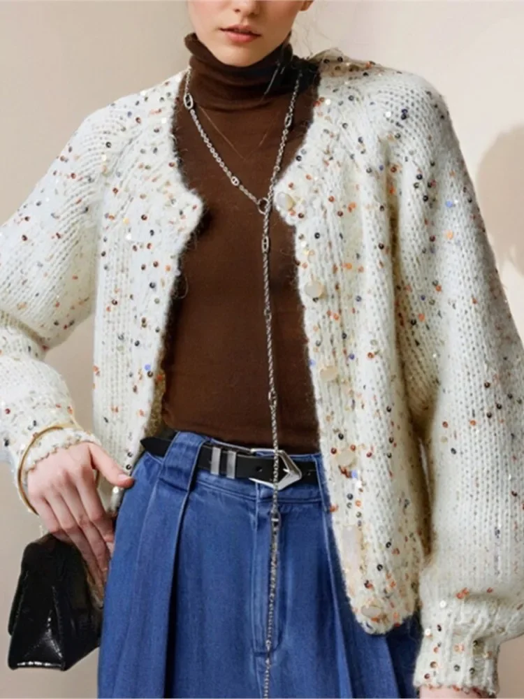 

Retro Sequin Knitted Cardigan Sweater Women Autumn Winter 2025 New Korean Loose Lazy Style Sweater Fashion Long Sleeve Outerwear