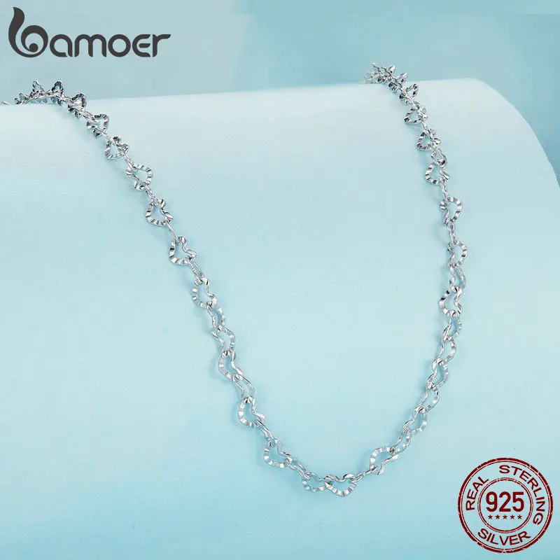 Bamoer Real 925 Sterling Silver Trendy Heart-Shaped Basic Chain Link Lobster Clasp Adjustable Necklace for Women