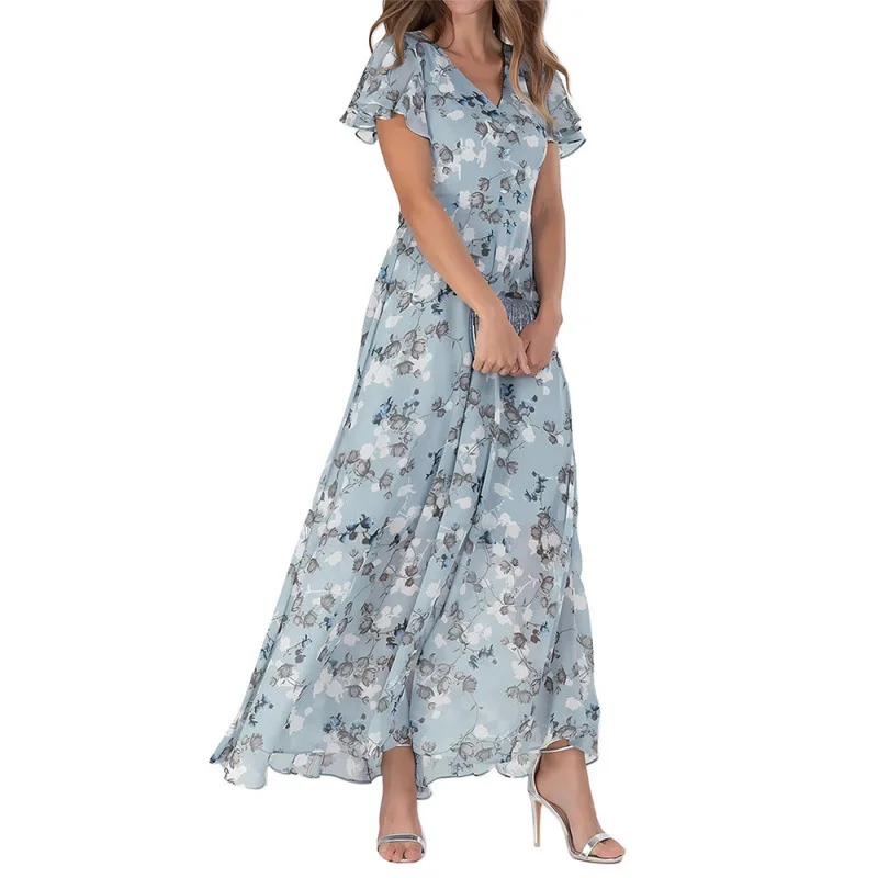Summer long dress V-neck short-sleeved printed chiffon dress elegant temperament European and American style