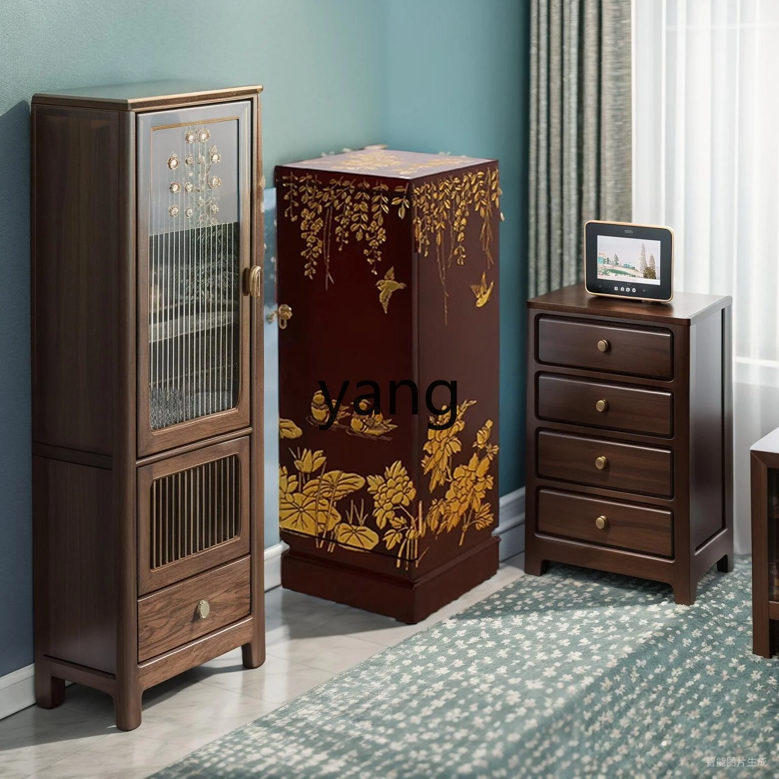 Yjq new Chinese engraved paint black background flowers and birds flower a few simple cabinets simple door