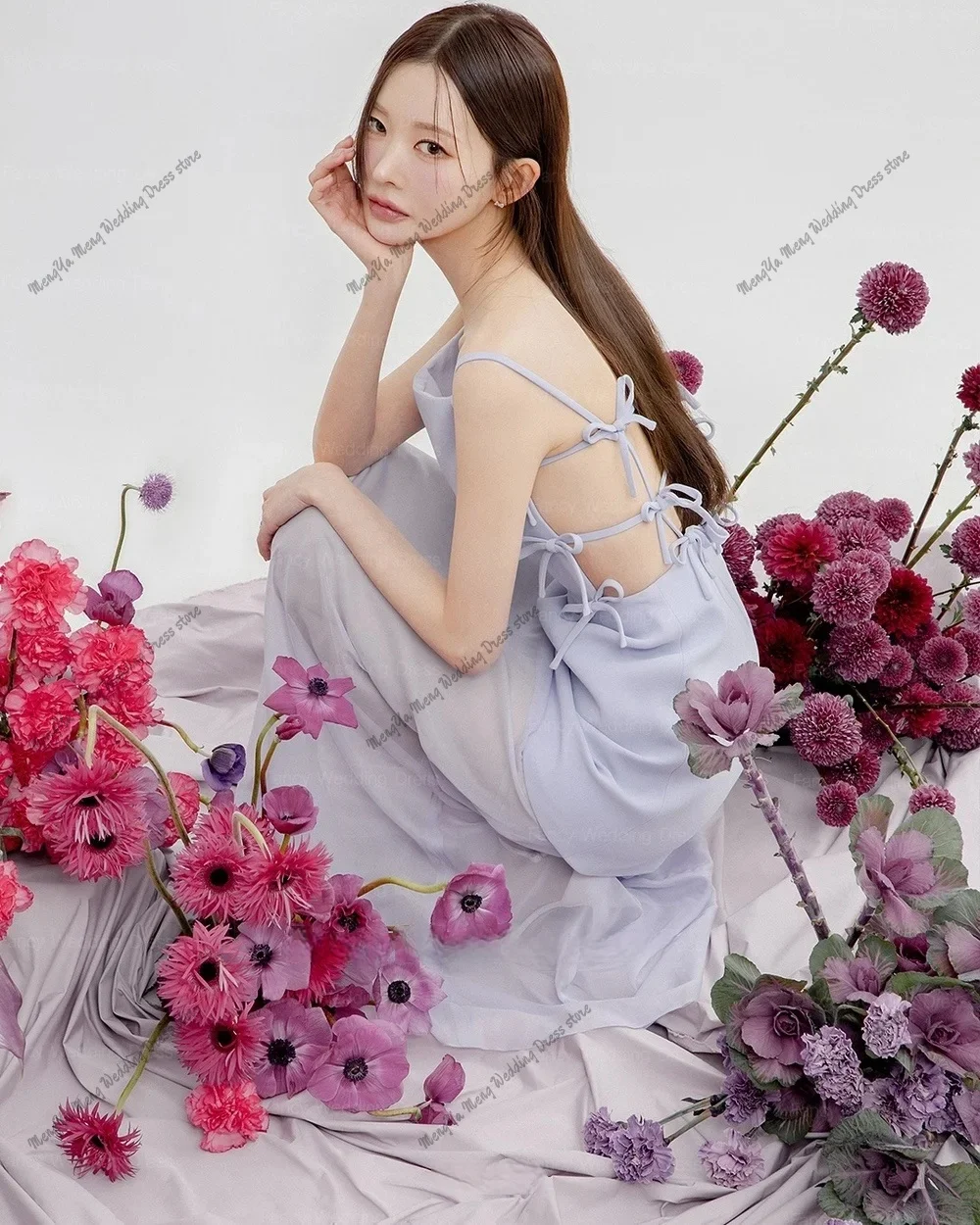 2025 Elegant Bowith Spaghetti Straps Lilac Korean Evening Party Dresses Customized Backless Sexy Prom Dresses 이브닝 드레스