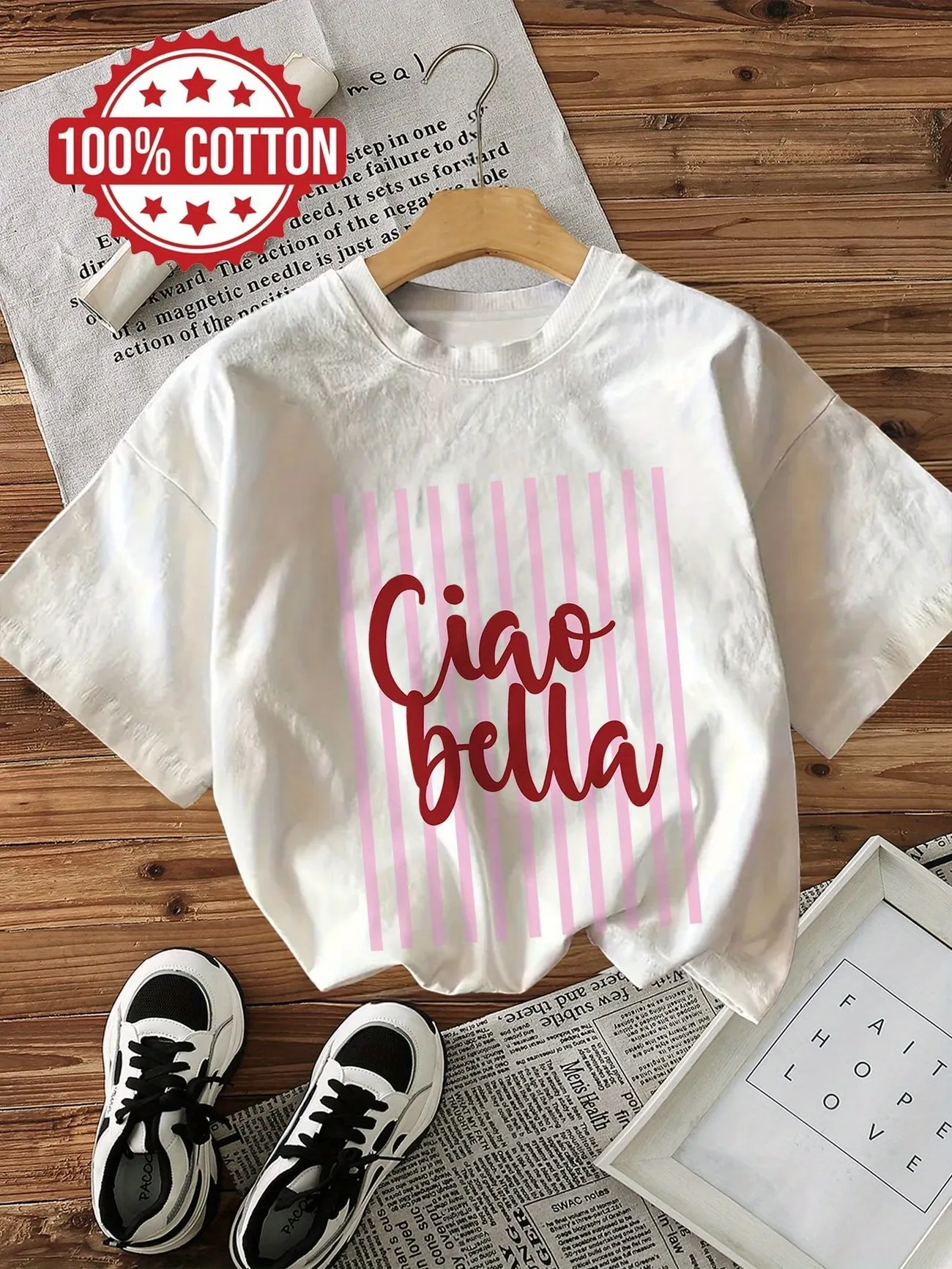 Harajuku Ciao Bella 100% Cotton Women's Retro Print T-Shirt Soft Crew Neck Short Sleeve Top Vintage Shirt Streetwear