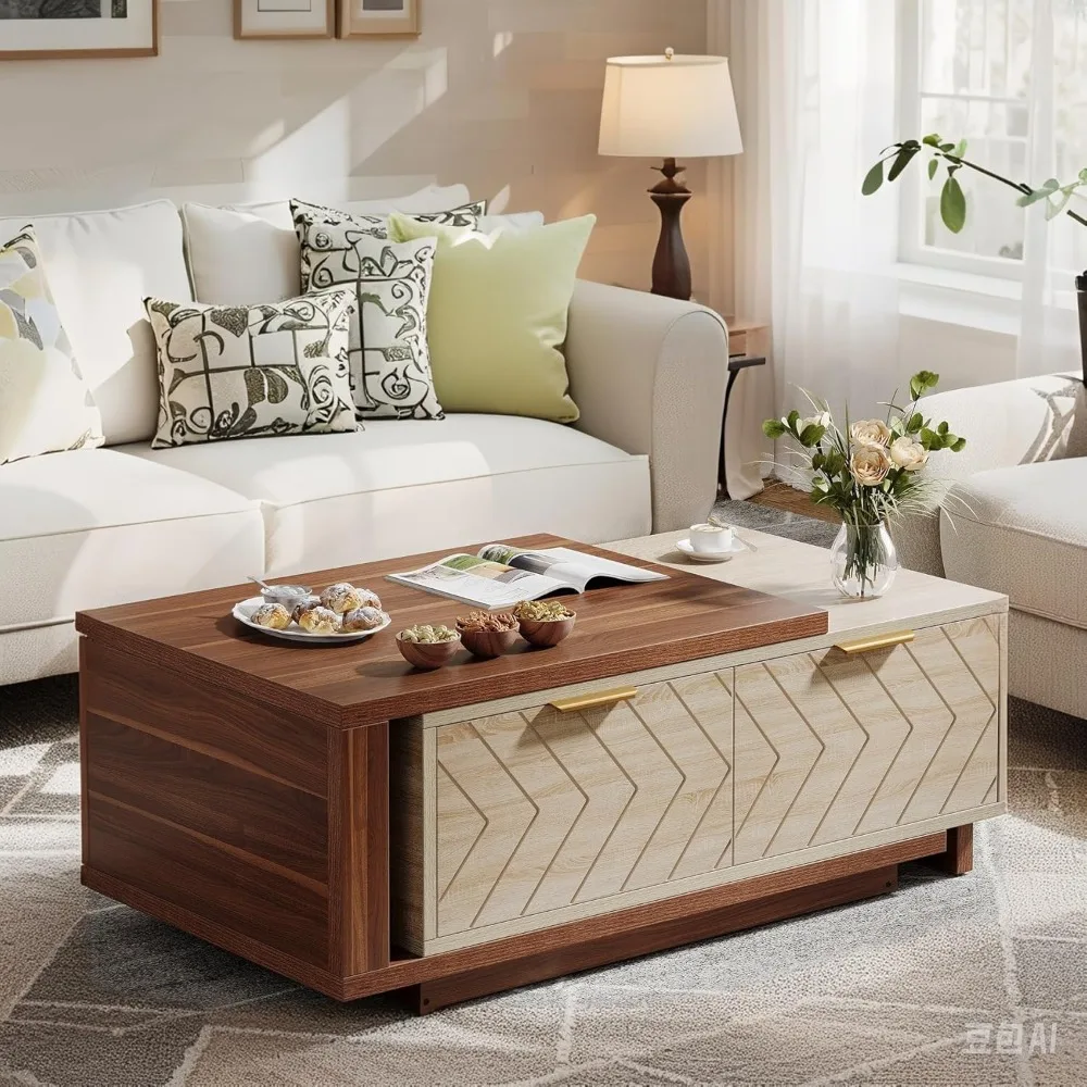 Expandable Home Rectangular Wooden Coffee Table, Living Room Center Coffee Table with Storage Drawers, Open Shelves, Natural