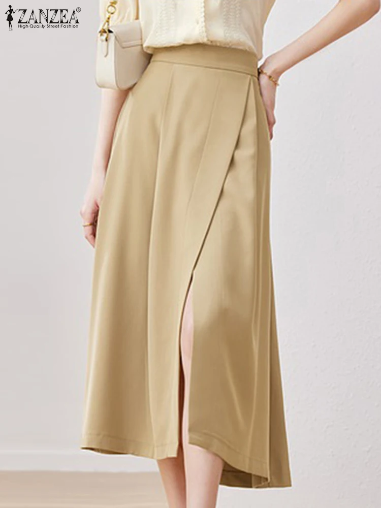 Elegant Office OL Skirt ZANZEA Summer Women Elastic Waist Pleated Vestidos Solid Midi Skirt 2024 Fashion Slit Hem Faldas Robe