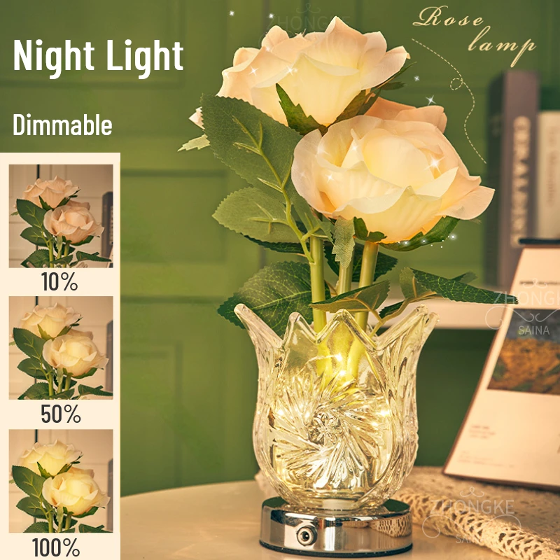 Desk Decoration Led Rose Night Light Rechargeable Crystal Flowerpot Lamp Touch Dimming Bouquet Home DecorationTable Lamp Gift