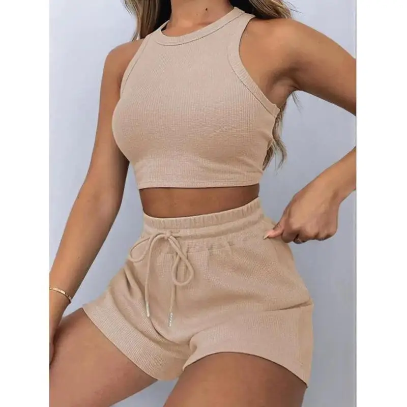 

Women's Pure Color Plaid Pattern ort Pants Set round Ne Svel Casual Sportswear Autumn Season Seven-Quarter Sve