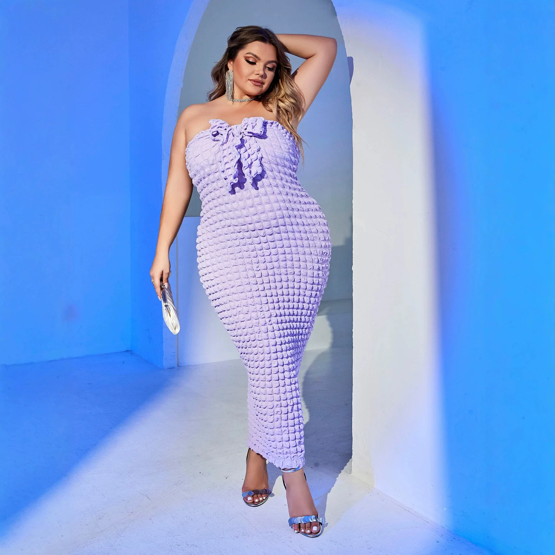 

Plus-size Women's Purple Bubble Textile Straplessclothes With A Bow, smart Fit, Body Long Clothes For Parts Robe Outfits