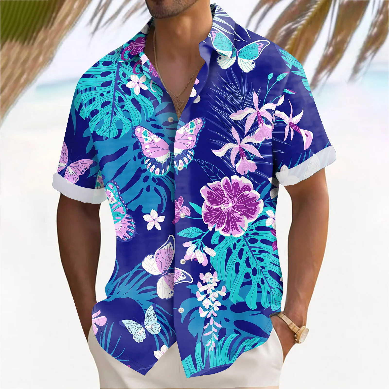 Camisa masculina de manga curta estampada com flores de praia, camisas havaianas casuais, roupas largas, verão, nova, 2024