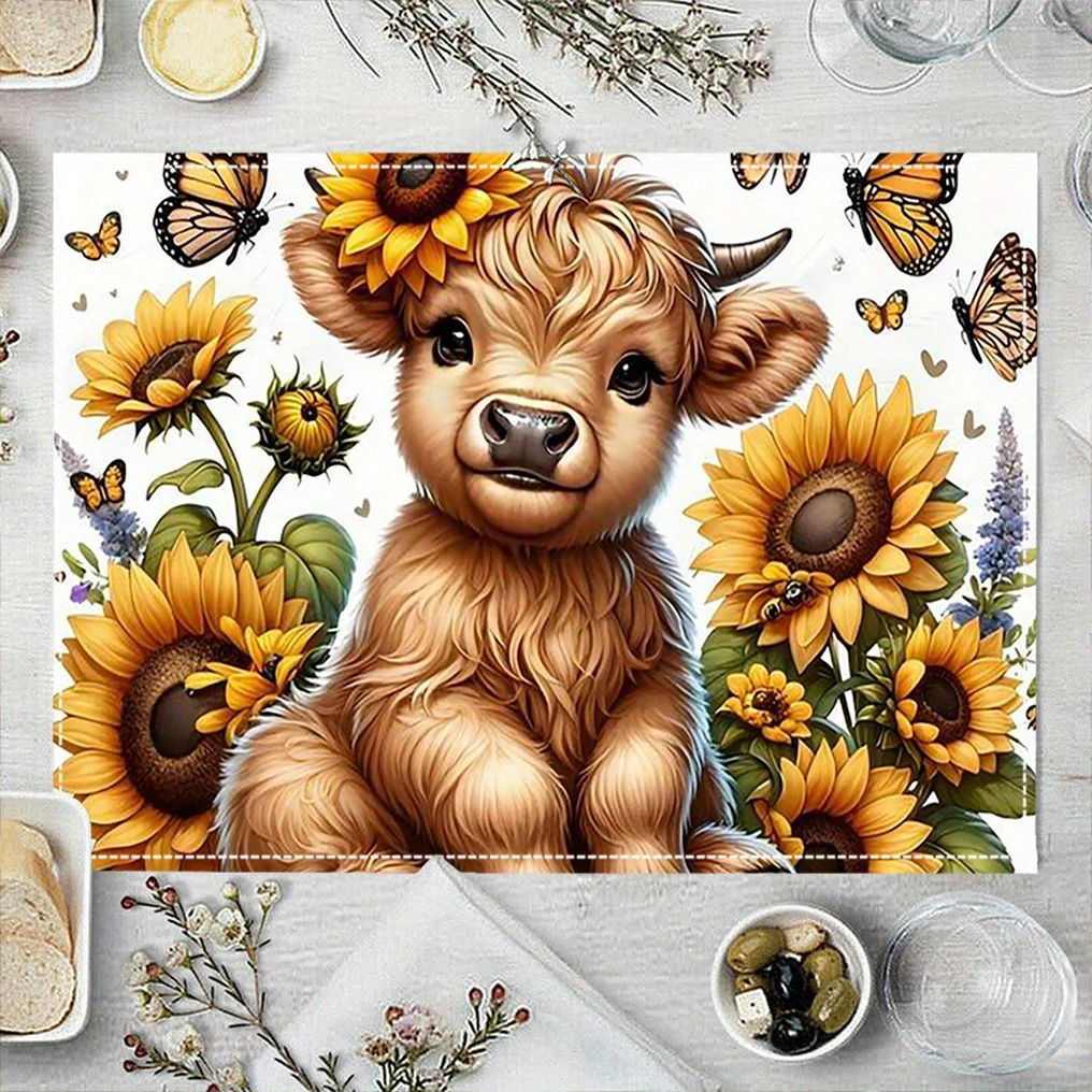 

Cute Highland Cow Sunflowers Butterflies Placemats Linen Farm Animal Nursery Kids Table Decor Spring Dining Mat