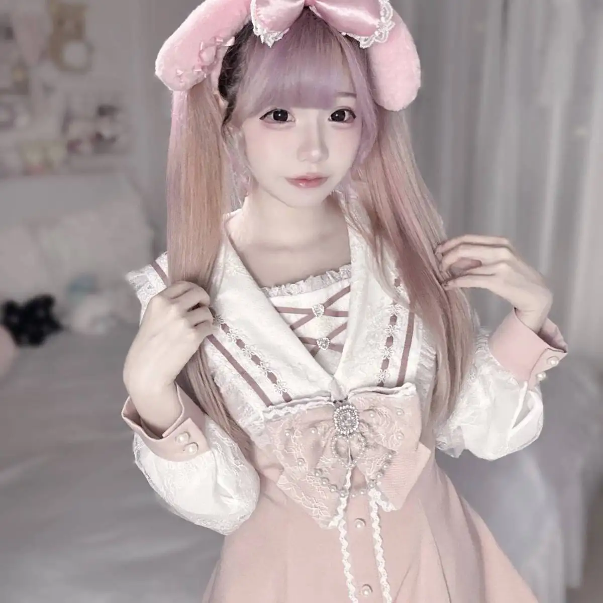 

Sweet V-neck Women Two Piece Set Dresss Office Lady Outifts Harajuku Grunge Aesthetics Button Bow Kawaii Japanese Fashion Suits