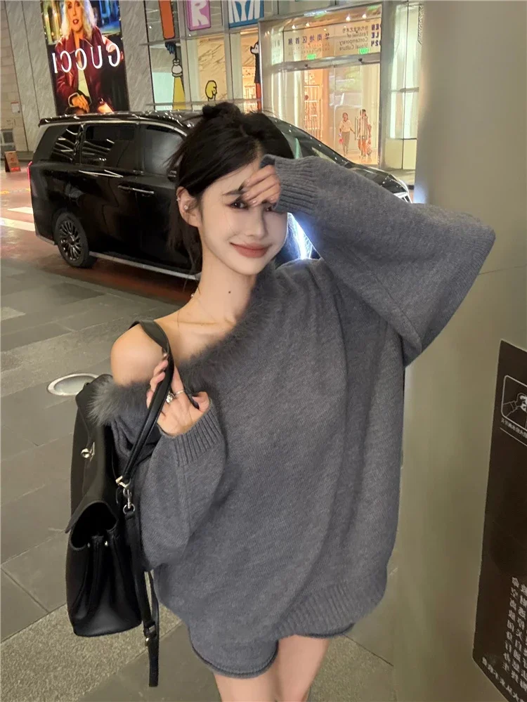 

Korean Fashion Autumn New Women Two Piece Sets Fur Splicing Slash Neck Long Sleeve Sweater + High Waist Mini Shorts Outfits