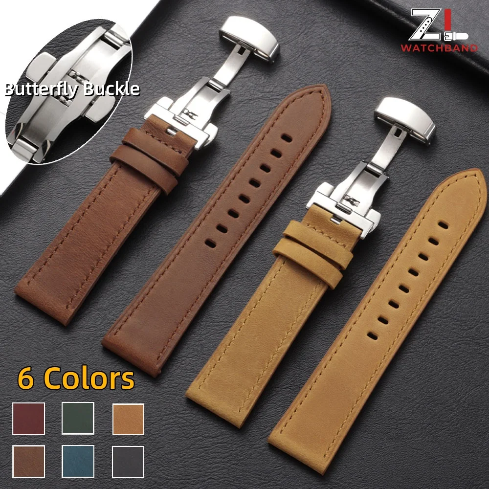 Bracelet en cuir de vache véritable, 18mm, 20mm, 22mm, 24mm, bracelet de montre d'affaires pour Omega, pour Seiko, boucle papillon, sangles marron cousues