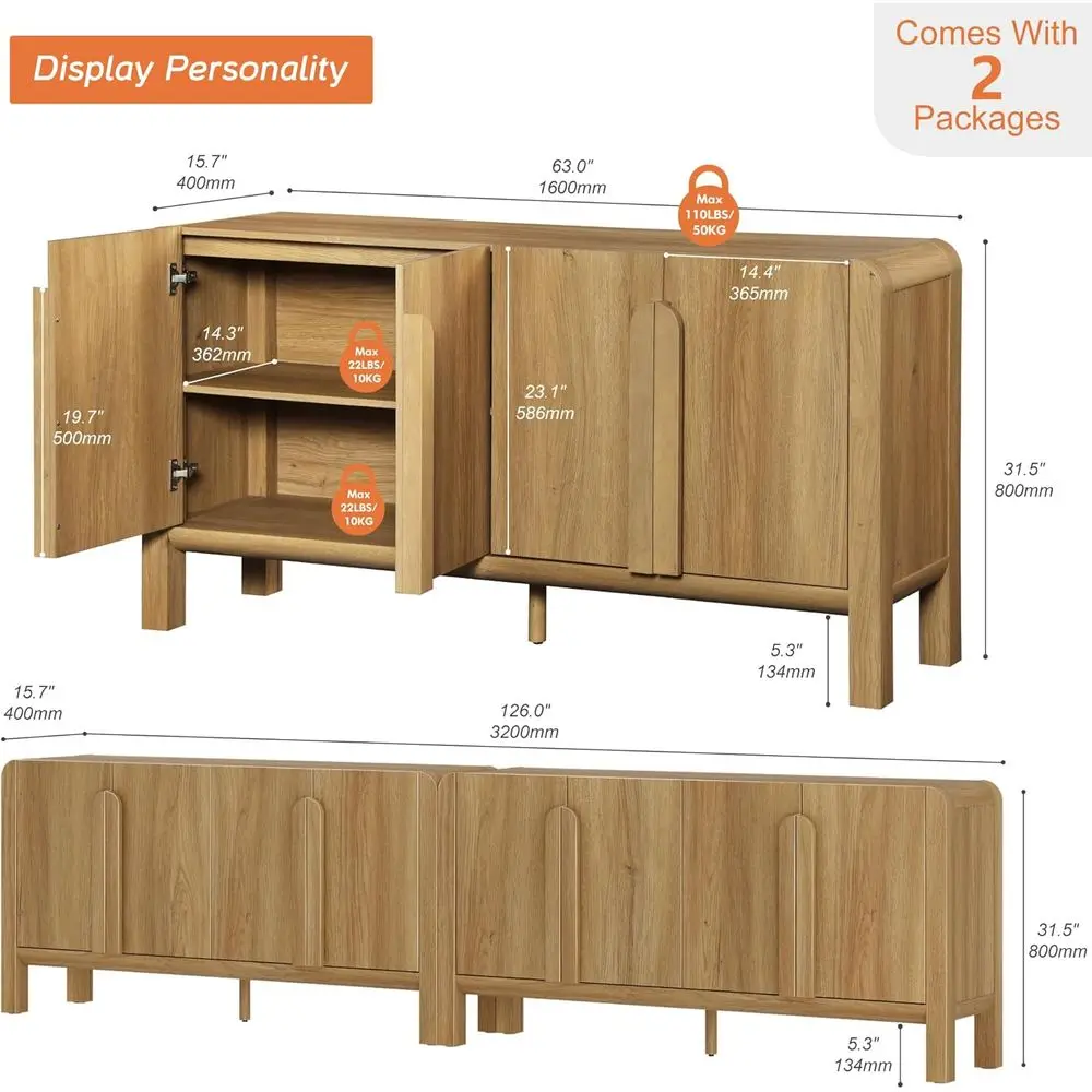 Large 63 Wide Walnut Curved Sideboard with Storage, Ideal for Dining & Living Rooms