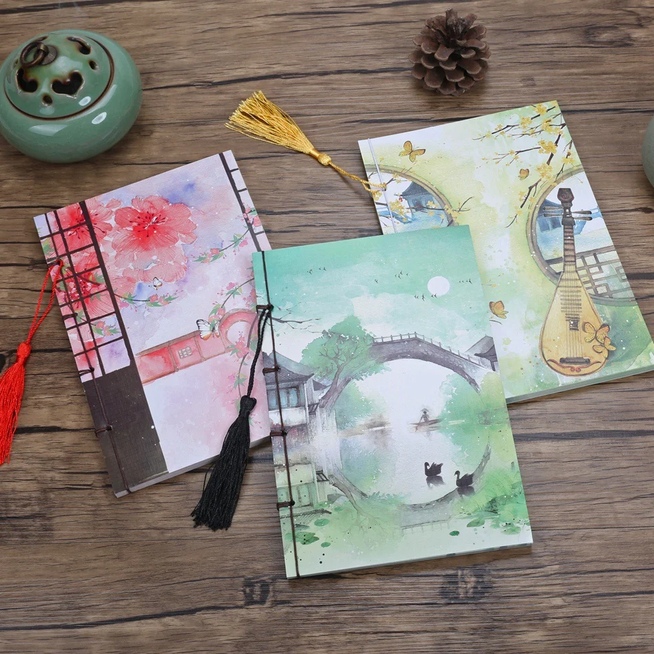 Chinese style Color painting page Vintage Notebook with tassel Retro A5 handbook daily planner Student stationery Supplies