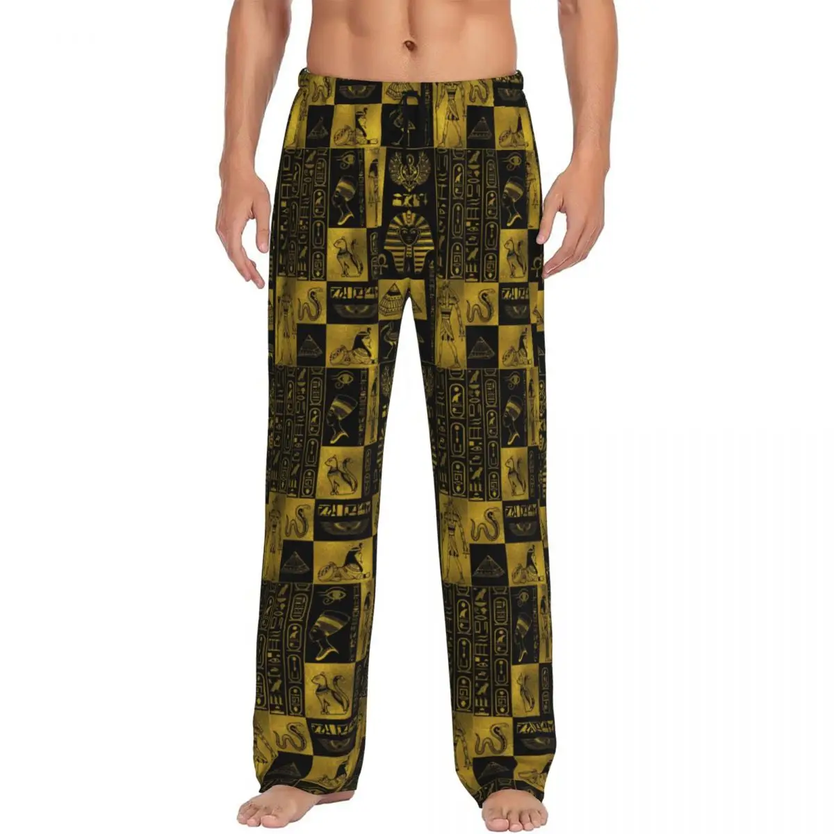 

Custom Egyptian Gold Hieroglyphs And Symbols Collage Pajama Pants for Men Egypt Hieroglyphic Lounge Sleep Drawstring Sleepwear