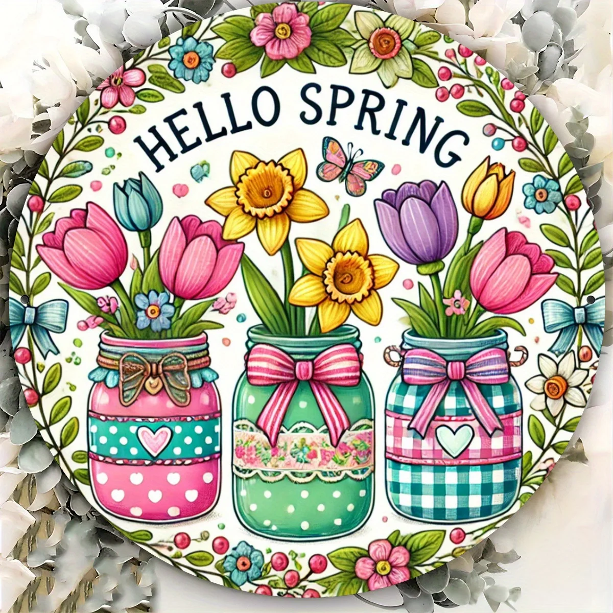 Colored hyacinth-themed metal wall art, 8x8-inch round iron plate, suitable for bar, cafe, club, kitchen decoration, perfect roo