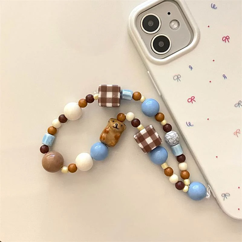 Y2K Handmade Vintage Cell Phone Lanyard Cute Phone Charm Wrist Strap Keychain Brown Bear Bead Pendant for Girl Woman Gift