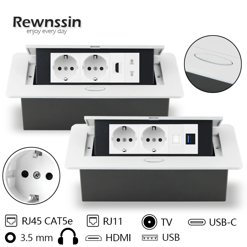 Imagem -02 - Rewnssin-soquetes de Mesa Brancos Padrão da ue Desktop Escondido Caixa de Liga de Alumínio Tomada Embutida Dados Usb Rj45 Hdmi tv Rj11 Diy