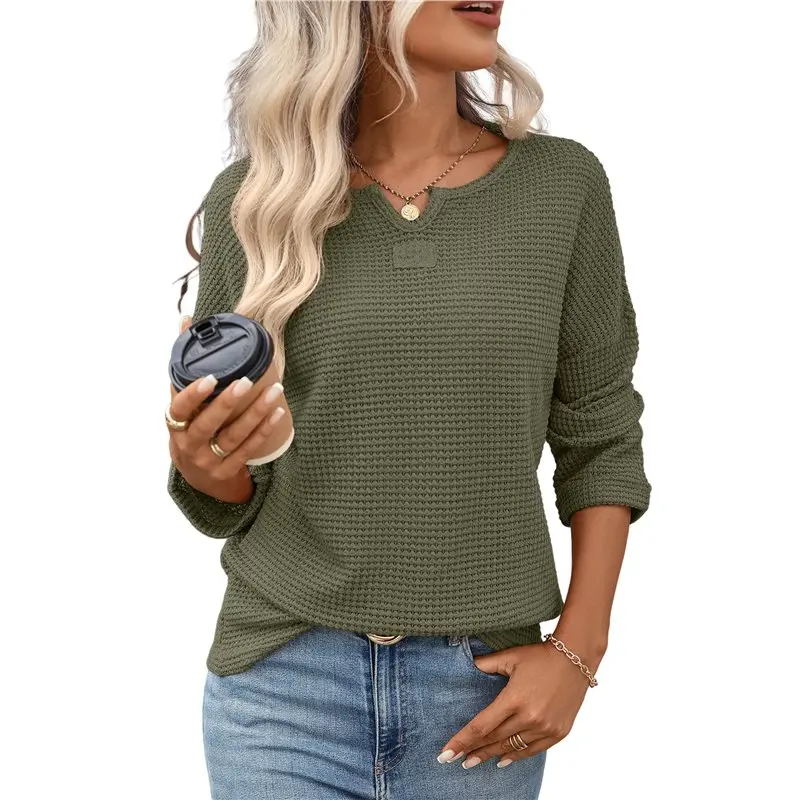 

CYL-Women Long Sleeve Striped Waffle Knit Tops Fall Winter V Neck Casual Fashion Shirts