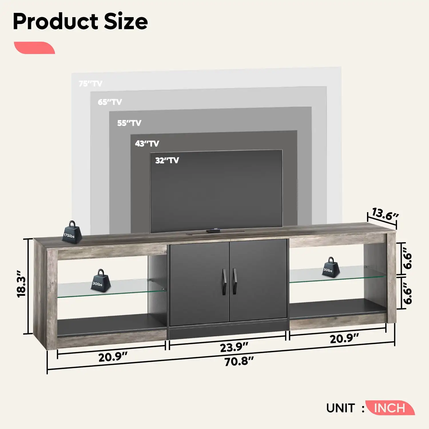 LED TV Stand for TVs Up To 75" Entertainment Center for Living Room Wash Grey Tempered Glass Shelf Big Cabinet