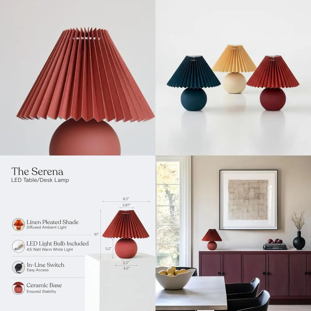 

10 LED Table Lamp with Pleated Shade, Ideal for Bedside, Desk - Warm White Light, Maroon Red Accent