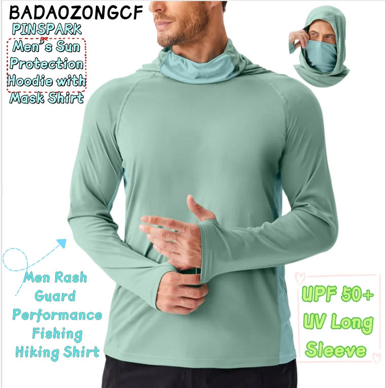 PINSPARK Men's Sun Protection Hoodie with Mask UPF 50+ UV Long Sleeve Shirt Men Rash Guard Performance Fishing Hiking Shirt