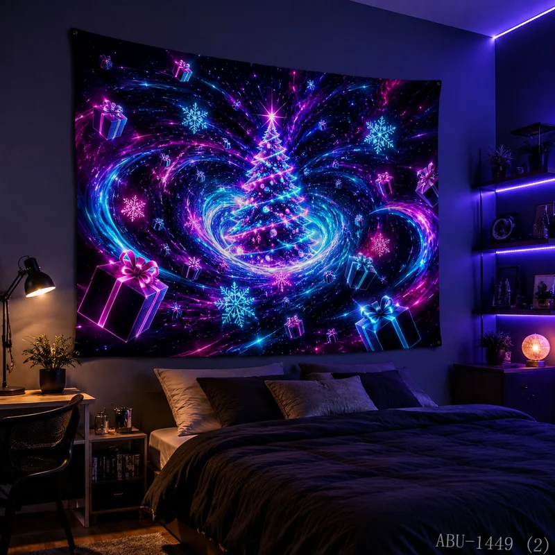 VIKAMA Neon Purple Blue Galaxy Vortex Tree Gift Snowflake Starry Cosmic Light Christmas Tapestry Wall Hanging Bedroom Living