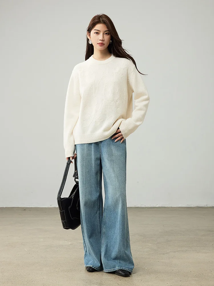 버드트리, 100% 양모 자카드 니트 스웨터, 여성용 O넥 긴팔 루즈 니트웨어, 2025 가을 화이트 풀오버 T59012JF