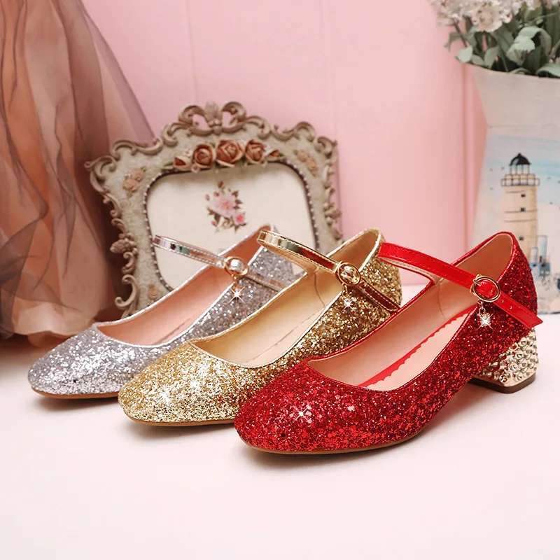 Sepatu Kulit Anak Perempuan Putri Sepatu Glitter Dansa Anak Perempuan Hak Tinggi Sepatu Pesta Pernikahan Anak Perempuan Modis Sepatu Size28-39