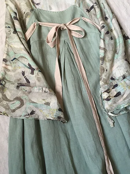 

Classical Print Splicing Improved Hanfu One-Piece Dress Women's Artistic High Waist Ruched Long Skirt A-Line Midi Dress