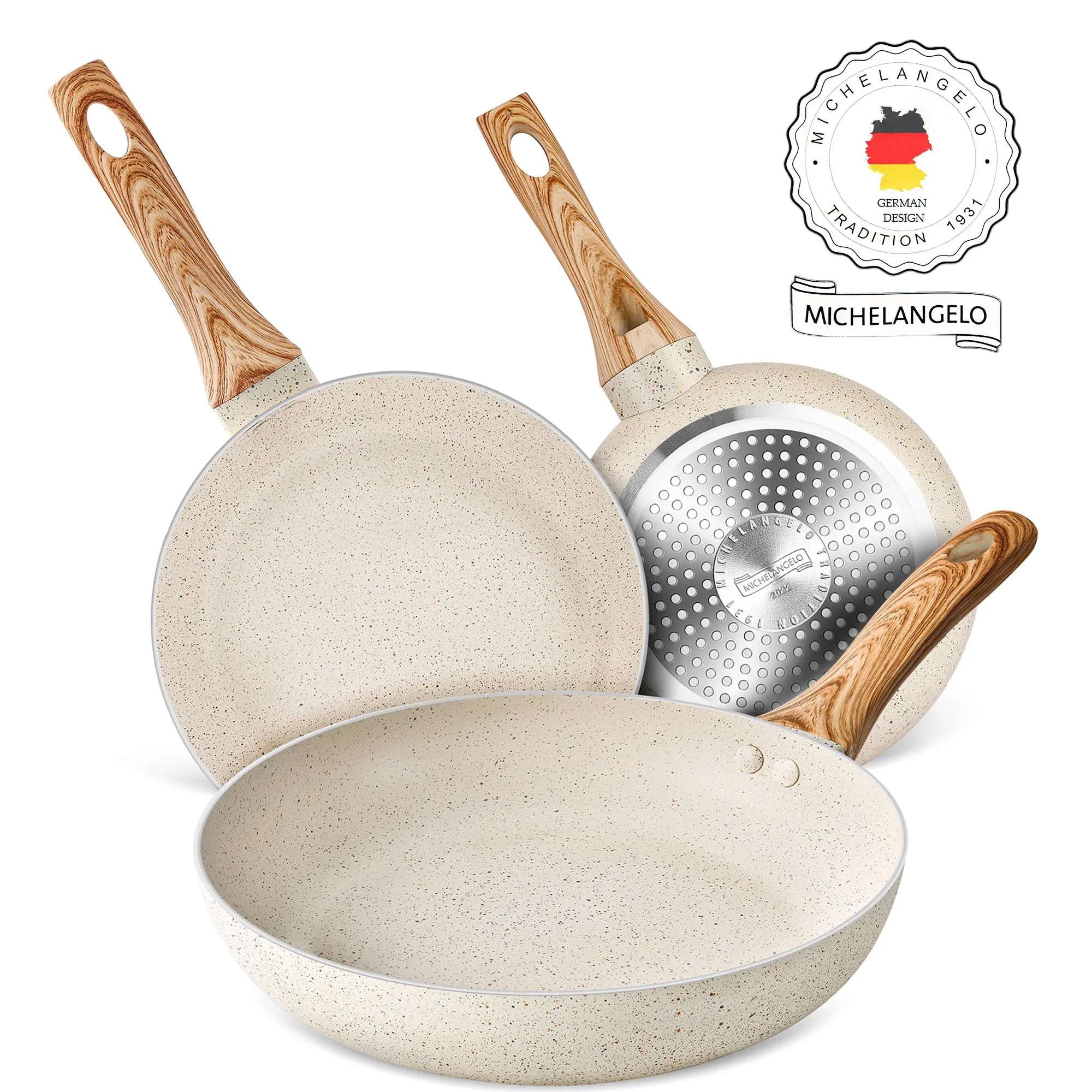 Image of MICHELANGELO Bratpfannen, antihaftbeschichtete Bratpfanne mit Deckel, große 12-Zoll-Pfanne mit ergonomischem Griff, ungiftig, kompatibel mit allen Kochfeldern