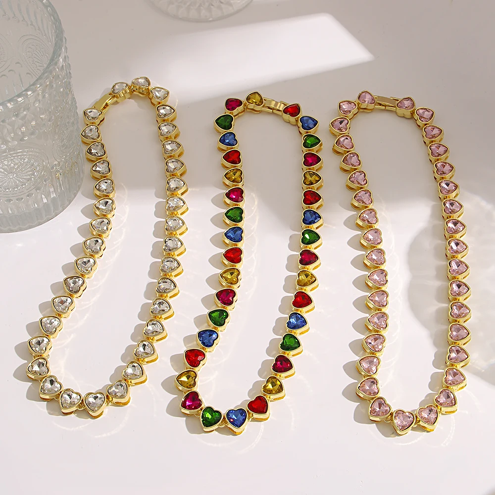 

Luxury Colorful Shiny Cubic Heart Shaped Wedding Necklace For Women New Fashion Love Statement Thick Chain Party Jewlery Gifts