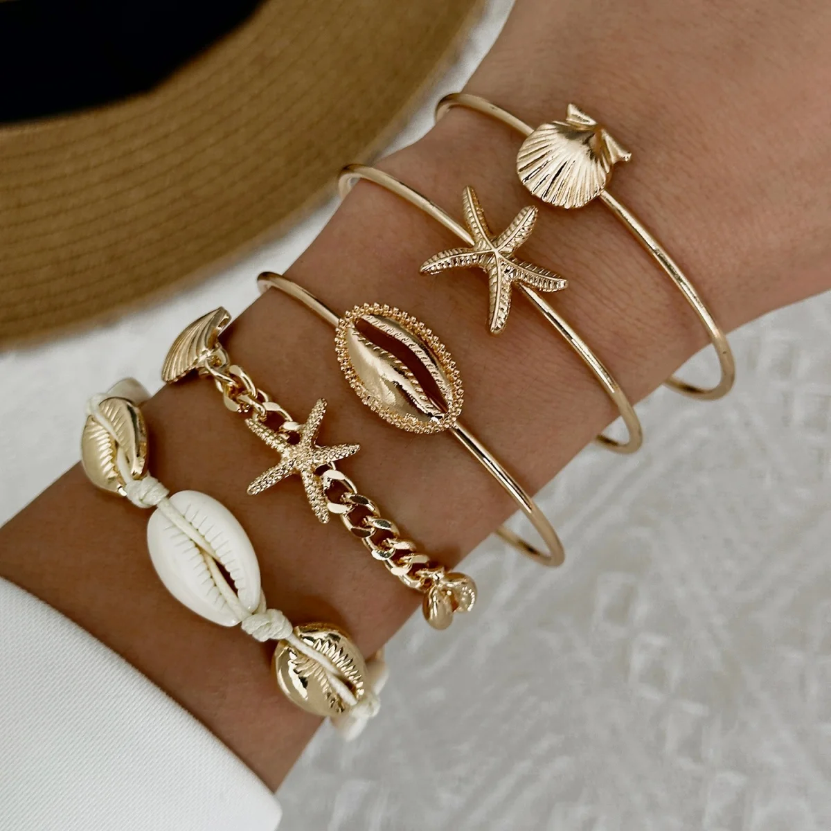 Böhmisches Mehrschichtiges Seestern-Muschel-Armreif-Set für Damen und Herren, Sommer-Strand-Urlaub, klobiger Armreif, Party-Schmuck – Detail 15