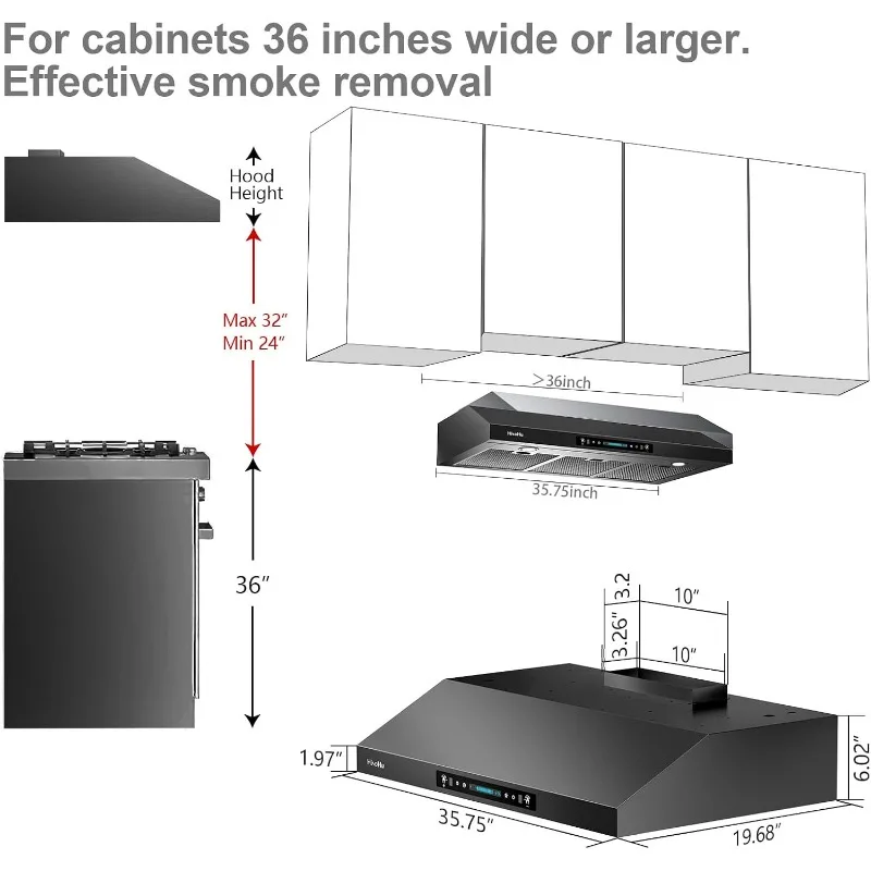 36-дюймовая вытяжка под шкафом с 900 куб. футов в минуту, 4 скоростями, сенсорной панелью управления, кухонным вентиляционным отверстием из нержавеющей стали