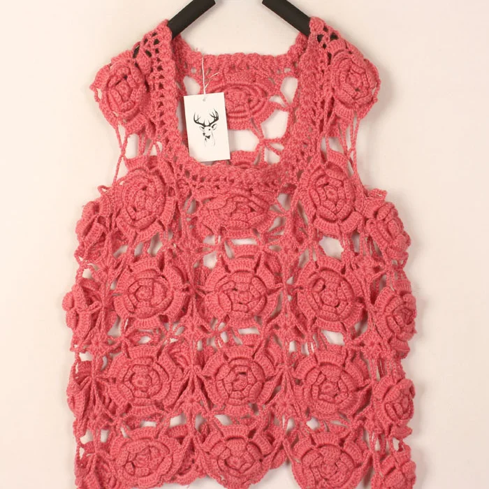 

Sweet Vintage Hooked Flower Woolen Sweater Hoodie Harajuku Sle Warmth Summer round Ne Regular Fit Single Piece Ladies Kni...