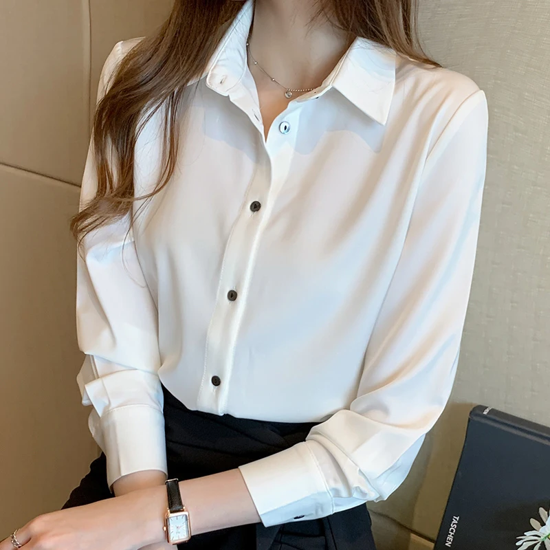 Elegant Satin Blouses Women 2023 Suit Shirts Office Lady Work Wear Shirts Green White Tops Femme Blusas Long Sleeve Clothings