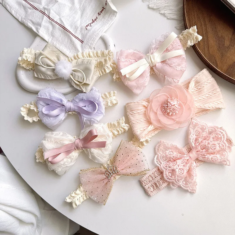 

White Lace Headband for Baby Girls Little Princess Party Headwear Pink Bow Headbands for Children Newborn Hairbow Lace Turban