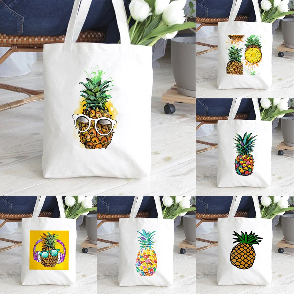 Pineapple Cartoon Style Printed Canvas Tote Bag Portable Practical Shoulder Bag with Shoulder Straps Suitable for Commute