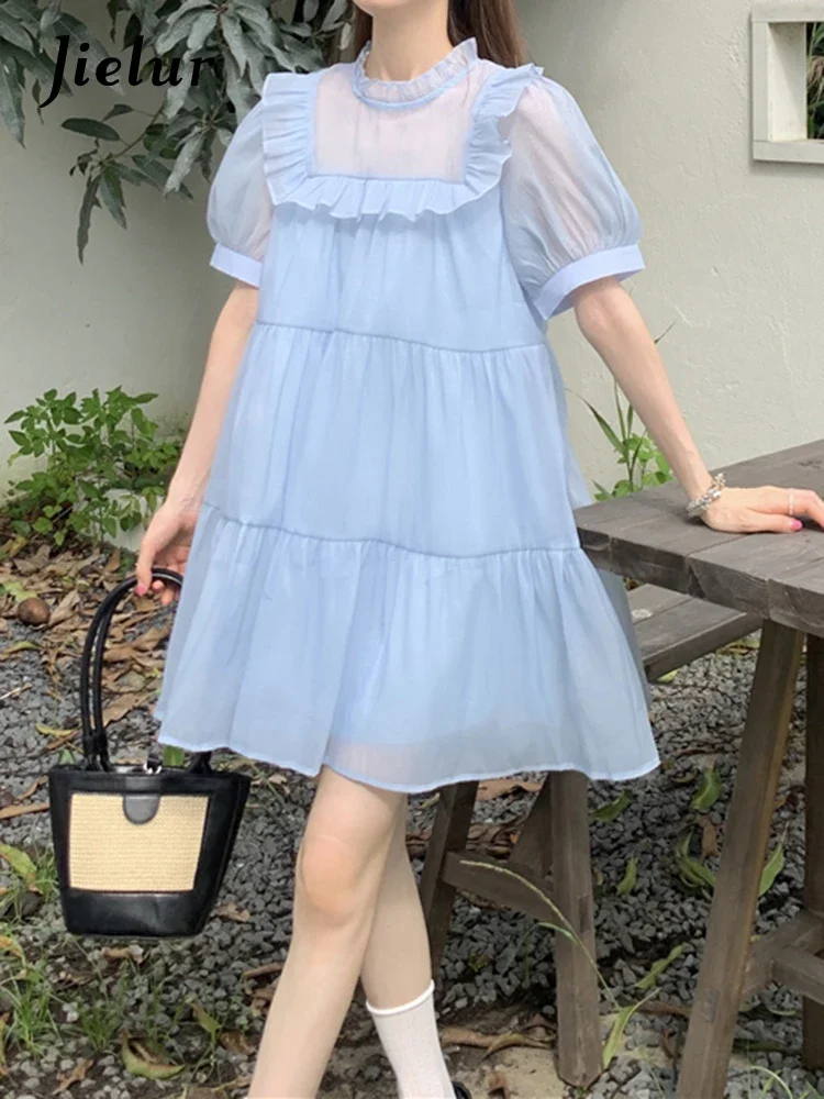 

Jielur New Slim Solid Color Summer Dress Sweet Elegant Ladies Woman Dress Apricot Sky Blue Puff Sleeve Ruffles Neck Dress Female